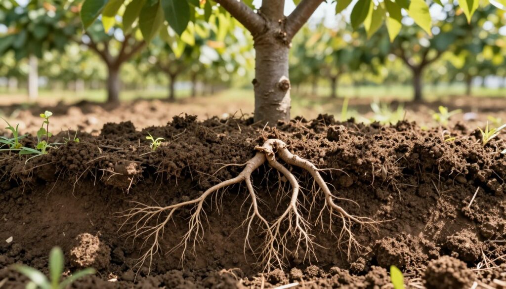 A detailed close-up of soil layers showcasing rich, dark earth, intertwined with healthy roots of cherry trees. In the foreground, focus on the soil texture, its moisture level, and visible granular composition indicating good drainage. The middle ground features a cluster of fine roots spreading throughout the soil, illustrating the connection to nutrients and the importance of pH balance for optimal growth. In the background, a blurred view of a sunlit orchard with cherry trees at various growth stages, creating a warm and inviting atmosphere. Soft, diffused sunlight filters through the leaves, casting gentle shadows on the soil, enhancing the vibrancy of the colors and textures. The overall mood is serene and educational, reflecting a healthy environment crucial for fruitful cultivation.