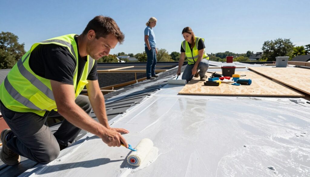 A detailed construction scene focused on preparing a roof surface for foam application. In the foreground, a male and female worker in professional safety gear are applying a primer to a clean, dry roof surface, using brushes and rollers. The middle ground showcases a textured roof, highlighting various materials like shingles and plywood, with tools and equipment organized neatly. In the background, a clear blue sky suggests a perfect working day, with distant trees framing the scene. The lighting is bright and natural, enhancing the colors of the materials. The mood conveys professionalism and diligence, emphasizing the importance of proper preparation for long-lasting sealing. A detailed construction scene focused on preparing a roof surface for foam application. In the foreground, a male and female worker in professional safety gear are applying a primer to a clean, dry roof surface, using brushes and rollers. The middle ground showcases a textured roof, highlighting various materials like shingles and plywood, with tools and equipment organized neatly. In the background, a clear blue sky suggests a perfect working day, with distant trees framing the scene. The lighting is bright and natural, enhancing the colors of the materials. The mood conveys professionalism and diligence, emphasizing the importance of proper preparation for long-lasting sealing.