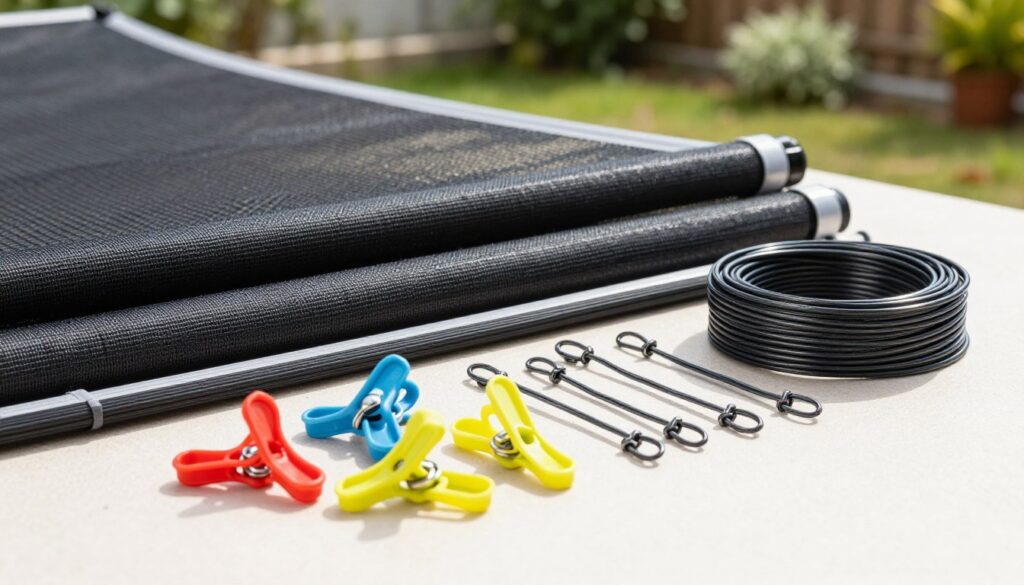 A detailed display of installation accessories for sunshade nets, showcasing UV-resistant bands, garden wire, links, and clips. In the foreground, focus on a close-up of colorful, durable clips and loops intricately arranged on a soft surface. The middle ground features various lengths of high-quality UV bands and garden wire, with some links elegantly tangled. The background showcases a blurred garden setting, giving an impression of outdoor use. Utilize natural lighting to highlight textures and colors while casting gentle shadows. The overall atmosphere should convey a sense of practicality and readiness for installation, reflecting the necessary tools for achieving resilient shading solutions against wind and seasonal elements.