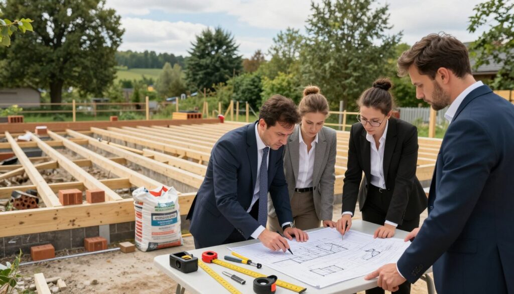 A detailed, dynamic scene depicting the formalities involved in building a raised terrace in Poland. In the foreground, a diverse group of professionals in business attire consult over blueprints and plans on a table, with tools and measuring equipment neatly arranged around them. The middle ground features a partially constructed terrace, showcasing wooden beams and supports, with construction materials like bricks and cement bags nearby. The background includes lush greenery and a clear blue sky, signifying an outdoor setting. The lighting is soft and natural, with gentle sunlight filtering through trees, creating a serene yet productive atmosphere. The image should capture the essence of planning and organization before construction begins, emphasizing teamwork and professionalism in the building process. A detailed, dynamic scene depicting the formalities involved in building a raised terrace in Poland. In the foreground, a diverse group of professionals in business attire consult over blueprints and plans on a table, with tools and measuring equipment neatly arranged around them. The middle ground features a partially constructed terrace, showcasing wooden beams and supports, with construction materials like bricks and cement bags nearby. The background includes lush greenery and a clear blue sky, signifying an outdoor setting. The lighting is soft and natural, with gentle sunlight filtering through trees, creating a serene yet productive atmosphere. The image should capture the essence of planning and organization before construction begins, emphasizing teamwork and professionalism in the building process.