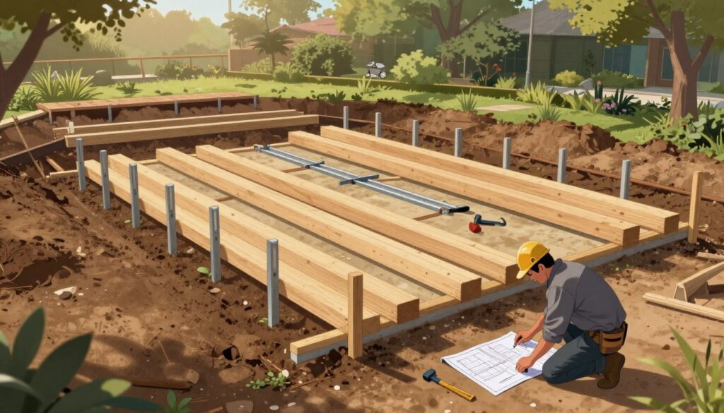 A detailed illustration of a raised terrace construction site featuring various foundational elements like posts, beams, and ground stabilization methods. In the foreground, show a worker in professional attire carefully inspecting the ground and laying out plans for the structure. In the middle ground, display freshly cut wooden beams and metal supports arranged for assembly, with tools scattered nearby. The background highlights a partially constructed terrace overlooking a landscaped yard, with soft sunlight filtering through the trees, creating a warm and inviting atmosphere. Capture the scene from a slightly elevated angle, emphasizing the depth of the construction process while maintaining focus on the primary elements involved in building a stable terrace. A detailed illustration of a raised terrace construction site featuring various foundational elements like posts, beams, and ground stabilization methods. In the foreground, show a worker in professional attire carefully inspecting the ground and laying out plans for the structure. In the middle ground, display freshly cut wooden beams and metal supports arranged for assembly, with tools scattered nearby. The background highlights a partially constructed terrace overlooking a landscaped yard, with soft sunlight filtering through the trees, creating a warm and inviting atmosphere. Capture the scene from a slightly elevated angle, emphasizing the depth of the construction process while maintaining focus on the primary elements involved in building a stable terrace.