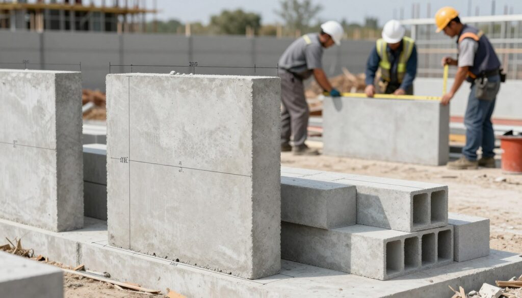 A detailed illustration of concrete fence pillar blocks with precise dimensions, prominently displayed on a construction site. In the foreground, show several types of fence pillar modules, showcasing their measurements with clear lines and labels (without text). In the middle ground, depict skilled workers in professional attire carefully measuring and aligning the blocks, emphasizing the construction process. The background features a blurred fence structure in progress under natural daylight, creating a realistic construction environment. The lighting is bright and even, highlighting the textures of the concrete blocks. The overall mood should reflect professionalism and diligence in construction, focusing on quality and precision in building.