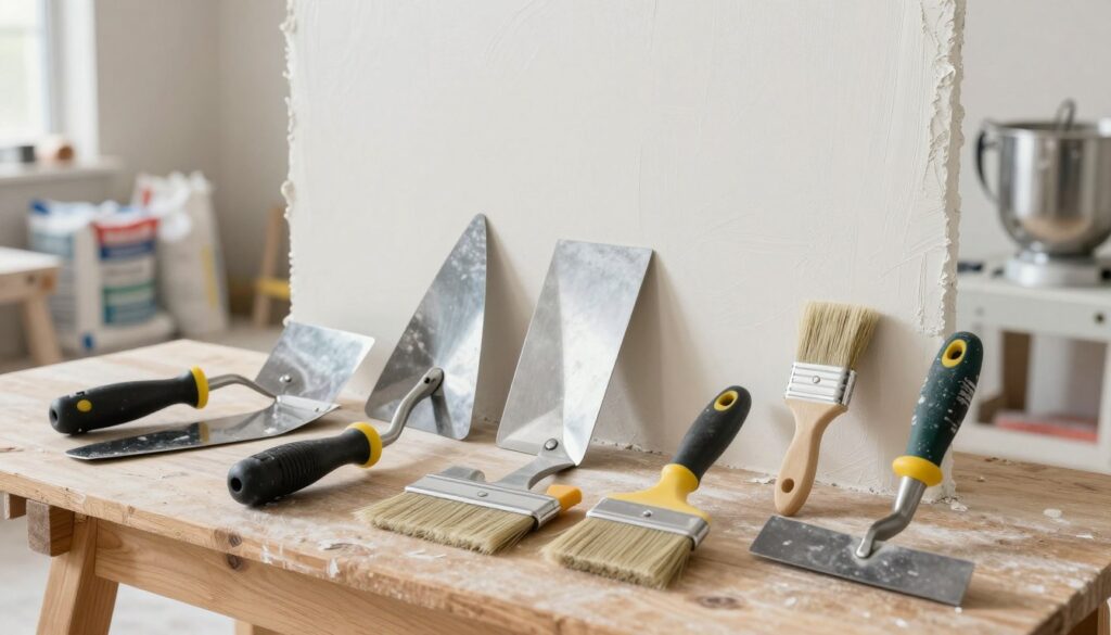 A detailed image of hand tools specifically designed for applying machine plaster. In the foreground, a collection of trowels, hawks, and plastering brushes arranged neatly on a wooden workbench, highlighting their ergonomic designs. In the middle, a partially finished wall displaying smooth, even texture of newly applied plaster, demonstrating the quality achievable with these tools. The background features a well-lit working environment, capturing a hint of a construction site with plaster bags and a mixing station, fostering a sense of professionalism and industriousness. The atmosphere is bright and clean, with natural light illuminating the tools, emphasizing their usefulness and practicality.