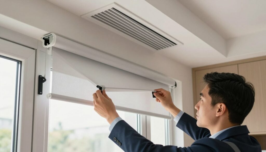 A detailed installation scene showcasing various methods to mount a window roller blind near an air vent. In the foreground, a close-up of a professional-looking person, dressed in business attire, demonstrating the use of a mounting bracket on a window frame. In the middle ground, display a roller blind partially assembled, with focus on the attachment to a wall. Include a visible air vent that is unobstructed by the blind, illustrating different mounting techniques: a frame, a window sill, and a ceiling mount. The background should feature a well-lit, modern interior space with natural light filtering through the window. The overall atmosphere should be informative and professional, emphasizing practical installation methods. A detailed installation scene showcasing various methods to mount a window roller blind near an air vent. In the foreground, a close-up of a professional-looking person, dressed in business attire, demonstrating the use of a mounting bracket on a window frame. In the middle ground, display a roller blind partially assembled, with focus on the attachment to a wall. Include a visible air vent that is unobstructed by the blind, illustrating different mounting techniques: a frame, a window sill, and a ceiling mount. The background should feature a well-lit, modern interior space with natural light filtering through the window. The overall atmosphere should be informative and professional, emphasizing practical installation methods.