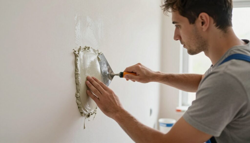 A detailed scene showcasing a professional applying putty (szpachla) to a wall that has been previously painted. In the foreground, focus on a skilled worker in modest casual clothing carefully smoothing the putty onto the wall with a trowel, demonstrating precise technique. The middle ground features a partially prepared wall with a fresh coat of putty, showing texture and detail. The background displays a bright, well-lit room with natural light streaming through a window, enhancing the clarity and colors of the putty and wall. The atmosphere is focused and professional, conveying a sense of skill and diligence in home improvement work. Use a slightly elevated angle for a comprehensive view of the action. A detailed scene showcasing a professional applying putty (szpachla) to a wall that has been previously painted. In the foreground, focus on a skilled worker in modest casual clothing carefully smoothing the putty onto the wall with a trowel, demonstrating precise technique. The middle ground features a partially prepared wall with a fresh coat of putty, showing texture and detail. The background displays a bright, well-lit room with natural light streaming through a window, enhancing the clarity and colors of the putty and wall. The atmosphere is focused and professional, conveying a sense of skill and diligence in home improvement work. Use a slightly elevated angle for a comprehensive view of the action.