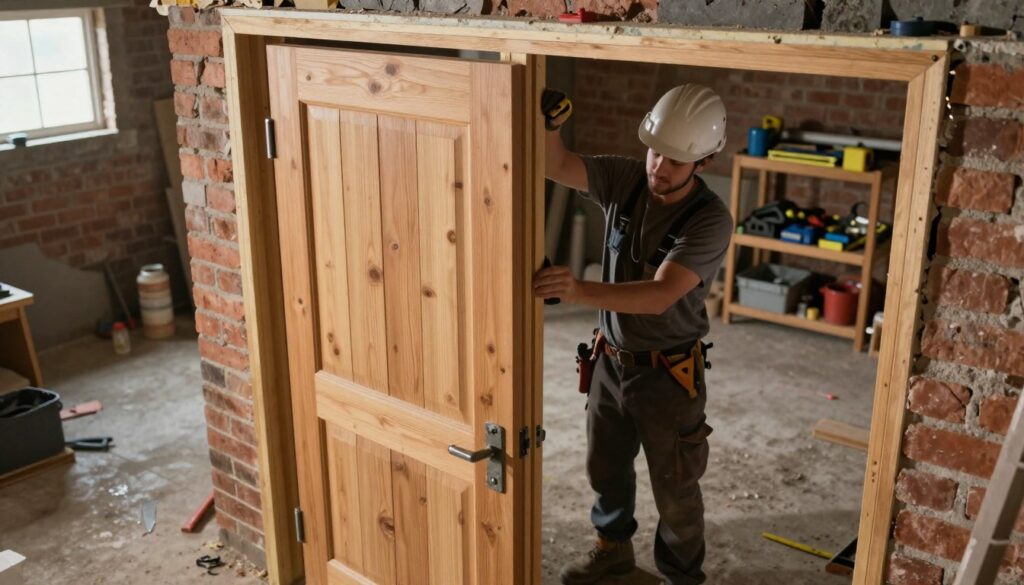 A detailed step-by-step illustration of constructing a basement door. In the foreground, show a partially opened, robust wooden basement door with metal hinges, showcasing texture and craftsmanship. In the midground, depict a person in professional attire, wearing a safety helmet and using tools, such as a saw and measuring tape, working on the doorframe. The background should include a dimly lit basement, revealing exposed brick walls and a cement floor, with shelves of tools and materials neatly organized. Soft, natural light filters in from a small window, setting an industrious mood that conveys hard work and construction. Capture the scene from a slightly elevated angle, focusing on the interaction between the person and the door construction process.