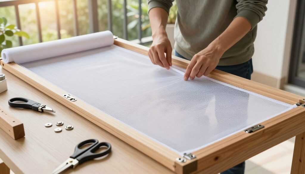 A detailed step-by-step instructional scene depicting the process of making a mosquito net for balcony doors. In the foreground, a wooden frame in the process of being assembled with visible hinges and magnets laid out. To the side, a partially rolled mesh screen and tools like a staple gun and scissors are present, showing the crafting details. In the middle, a person in modest casual clothing is working, focusing on the assembly, demonstrating concentration. The background features a bright, well-lit balcony setting with sunlight filtering through, creating a warm and inviting atmosphere. The angle captures the workspace from a slightly elevated perspective, ensuring clarity of all elements involved in this DIY project while maintaining a clean, professional environment. A detailed step-by-step instructional scene depicting the process of making a mosquito net for balcony doors. In the foreground, a wooden frame in the process of being assembled with visible hinges and magnets laid out. To the side, a partially rolled mesh screen and tools like a staple gun and scissors are present, showing the crafting details. In the middle, a person in modest casual clothing is working, focusing on the assembly, demonstrating concentration. The background features a bright, well-lit balcony setting with sunlight filtering through, creating a warm and inviting atmosphere. The angle captures the workspace from a slightly elevated perspective, ensuring clarity of all elements involved in this DIY project while maintaining a clean, professional environment.