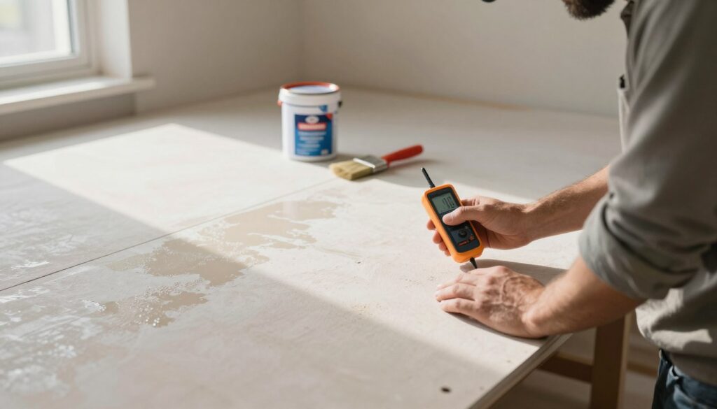 A detailed view of a gypsum board surface under evaluation for priming, showcasing patches of moisture on the material's surface and surrounding areas. In the foreground, a professional inspector in casual attire is examining the gypsum board with a moisture meter, highlighting a focus on surface conditions. The middle ground features organized tools and materials related to the evaluation process, including a primer can and application brush. The background consists of a well-lit room with plain walls, emphasizing a clean, professional assessment environment. Warm, natural lighting streams in from a nearby window, creating a calm and focused atmosphere that enhances the seriousness of the evaluation. The image should convey a sense of diligence and precision in preparing a surface for tiling. A detailed view of a gypsum board surface under evaluation for priming, showcasing patches of moisture on the material's surface and surrounding areas. In the foreground, a professional inspector in casual attire is examining the gypsum board with a moisture meter, highlighting a focus on surface conditions. The middle ground features organized tools and materials related to the evaluation process, including a primer can and application brush. The background consists of a well-lit room with plain walls, emphasizing a clean, professional assessment environment. Warm, natural lighting streams in from a nearby window, creating a calm and focused atmosphere that enhances the seriousness of the evaluation. The image should convey a sense of diligence and precision in preparing a surface for tiling.
