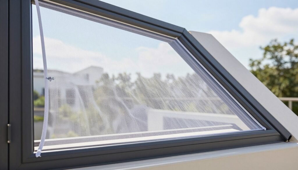 A detailed view of a modern roof window featuring a fitted mosquito net designed specifically for unusual window shapes. In the foreground, the mosquito net is partially pulled down, displaying its fine mesh structure and attachment points. The middle ground showcases the actual roof window with a sleek frame, allowing natural light to filter through, highlighting the net's purpose. The background includes a softly blurred view of a bright sky and treetops outside, suggesting a serene and insect-free interior atmosphere. The scene is well-lit, resembling a bright, sunny day, captured with a slight angle to emphasize depth, creating a peaceful and functional mood. A detailed view of a modern roof window featuring a fitted mosquito net designed specifically for unusual window shapes. In the foreground, the mosquito net is partially pulled down, displaying its fine mesh structure and attachment points. The middle ground showcases the actual roof window with a sleek frame, allowing natural light to filter through, highlighting the net's purpose. The background includes a softly blurred view of a bright sky and treetops outside, suggesting a serene and insect-free interior atmosphere. The scene is well-lit, resembling a bright, sunny day, captured with a slight angle to emphasize depth, creating a peaceful and functional mood.