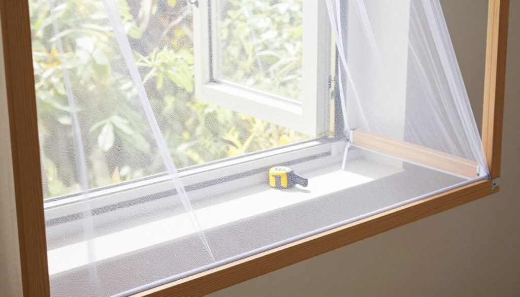 A detailed view of a sturdy, framed mosquito net designed for fitting over a window, showcasing its solid construction and perfect fit. In the foreground, display the mosquito net with a smooth, well-finished wooden or aluminum frame. The netting is a fine mesh, demonstrating its strength and durability. In the middle ground, include a partially open window that highlights the process of installation, with tools such as a screwdriver or measuring tape nearby. The background features a bright, sunny outside view, creating a warm and inviting atmosphere. Soft natural lighting illuminates the scene, enhancing the textures of the materials. Capture this image from a slightly elevated angle to provide a comprehensive perspective of the mosquito net in context.