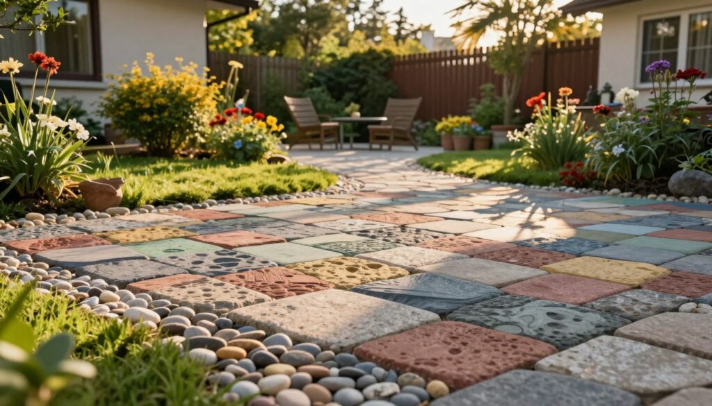 A detailed view of beautifully laid paving stones (kostki brukowej) in a residential garden setting, showcasing a vibrant design that highlights the different shapes and colors of the stones. The foreground features a variety of textured paving stones, with some interspersed with green grass and pebbles for contrast. In the middle ground, there is a pathway leading to a cozy outdoor seating area surrounded by blooming flowers and ornamental shrubs. The background includes a soft-focus view of a charming garden fence and trees gently swaying in the breeze. The scene is bathed in warm, golden afternoon light that casts long shadows, creating an inviting and tranquil atmosphere. Use a wide-angle lens perspective to capture the expanse and vibrancy of the scene.