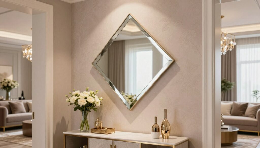 A glamorous interior scene featuring an elegant diamond-shaped mirror mounted on a beautifully decorated wall in a stylish hallway or living room. The foreground showcases the mirror reflecting soft ambient lighting, creating a luminous effect. Surrounding the mirror are chic decorative elements such as a sleek console table with a vase of fresh flowers, stylish accessories, and a plush rug. In the middle, the wall is adorned with muted pastel colors and subtle textures, enhancing the overall luxury vibe. The background includes a glimpse of soft furniture, like a modern sofa and stylish lighting fixtures. The atmosphere conveys sophistication and warmth, ideal for a glamorous home setting. Use natural lighting with a warm tone to evoke a welcoming ambiance, shot from an angle that captures both the mirror and the room's cohesive elegance.