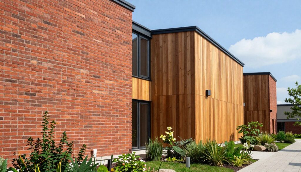 A harmonious blend of brick and wood in an elegant facade design. In the foreground, a striking section of a modern building showcases smooth red bricks contrasted with warm wooden panels, exhibiting a seamless transition between materials. The middle ground reveals a meticulously landscaped area with lush greenery, providing a natural balance to the structural elements. In the background, a bright blue sky casts gentle sunlight, emphasizing the textures of the brick and wood. Capture the image from a slightly elevated angle to highlight the intricate details of the materials and their cohesion. The mood should evoke a sense of sophistication and modernity, ideal for an architectural exploration of durable and aesthetically pleasing designs.