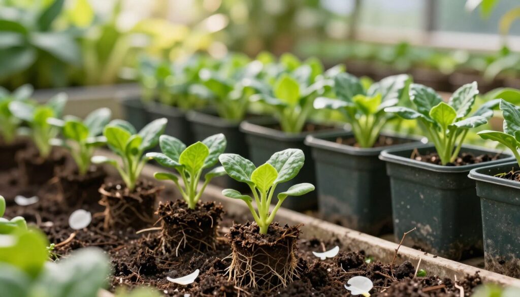 A lush, green garden scene showcasing healthy plant cuttings propagating in soil. In the foreground, several vibrant green cuttings of shrubs with well-established roots are partially exposed, surrounded by rich, dark soil and delicate white flower petals. In the middle ground, a variety of well-watered pots filled with budding cuttings, exhibiting strong growth and freshness. The background features a sunlit garden with soft, blurred foliage, indicating a thriving greenhouse environment. Natural light filters through leaves, casting soft shadows and illuminating the scene with a warm, inviting glow. The atmosphere is serene and nurturing, emphasizing growth and vitality in a thriving plant ecosystem, capturing the essence of successful propagation.
