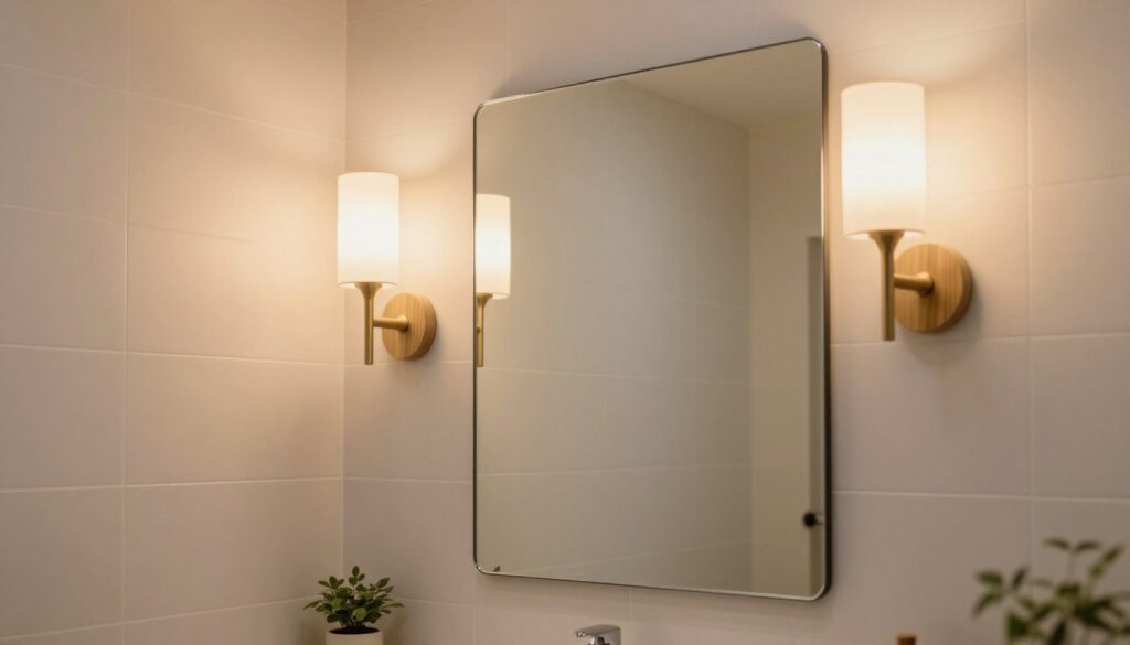 A modern bathroom setting featuring an elegantly designed mirror, beautifully framed with sleek, minimalist edges. Above the mirror, two stylish wall sconces emit warm, soft lighting, casting a gentle glow that enhances the serene atmosphere of the space. The sconces are hung at a suitable height for practical usage, highlighting the mirror's reflection. The bathroom is adorned with subtle pastel tiles and natural wood accents, creating a harmonious balance of contemporary and cozy elements. In the background, a hint of greenery from a small plant peeks into the scene, adding a touch of freshness. The overall mood is tranquil and inviting, ideal for a restful retreat. The shot is taken at eye level, ensuring the focus remains on the mirror and lighting details, with no human figures present. A modern bathroom setting featuring an elegantly designed mirror, beautifully framed with sleek, minimalist edges. Above the mirror, two stylish wall sconces emit warm, soft lighting, casting a gentle glow that enhances the serene atmosphere of the space. The sconces are hung at a suitable height for practical usage, highlighting the mirror's reflection. The bathroom is adorned with subtle pastel tiles and natural wood accents, creating a harmonious balance of contemporary and cozy elements. In the background, a hint of greenery from a small plant peeks into the scene, adding a touch of freshness. The overall mood is tranquil and inviting, ideal for a restful retreat. The shot is taken at eye level, ensuring the focus remains on the mirror and lighting details, with no human figures present.