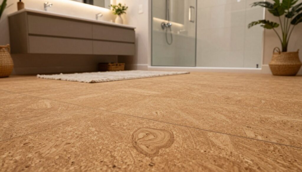 A modern bathroom showcasing a cork floor, emphasizing its natural texture and warmth. In the foreground, a close-up view of the cork tiles reveals their rich, earthy tones and unique grain patterns, conveying comfort and durability. In the middle ground, the bathroom features sleek fixtures, elegant cabinetry, and ambient lighting that enhances the cozy atmosphere, while a soft rug adds an inviting touch. The background includes a stylish shower area, tastefully designed with a seamless glass partition and minimalistic decor, surrounded by plants to evoke a serene and refreshing environment. The image is warm and inviting, captured in soft, diffused lighting to create a homey yet modern feel. The angle is slightly elevated, offering a comprehensive view of the space. A modern bathroom showcasing a cork floor, emphasizing its natural texture and warmth. In the foreground, a close-up view of the cork tiles reveals their rich, earthy tones and unique grain patterns, conveying comfort and durability. In the middle ground, the bathroom features sleek fixtures, elegant cabinetry, and ambient lighting that enhances the cozy atmosphere, while a soft rug adds an inviting touch. The background includes a stylish shower area, tastefully designed with a seamless glass partition and minimalistic decor, surrounded by plants to evoke a serene and refreshing environment. The image is warm and inviting, captured in soft, diffused lighting to create a homey yet modern feel. The angle is slightly elevated, offering a comprehensive view of the space.