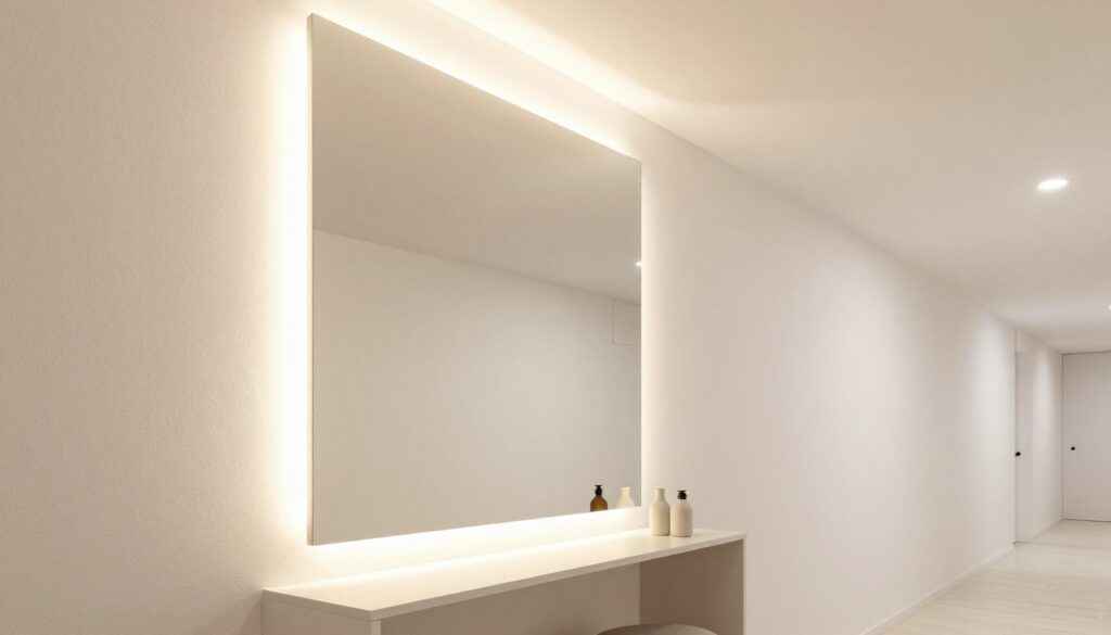 A modern hallway featuring a large, elegant mirror illuminated by warm LED lights along its edges. In the foreground, the mirror reflects the soft glow of the LEDs, enhancing the space with a bright and inviting atmosphere. The middle of the scene showcases minimalist decor, with a sleek console table beneath the mirror. In the background, subtle wall textures complement the mirror's design, adding depth without overwhelming the visuals. The lighting is soft and diffuse, creating a serene ambiance that suggests spaciousness. The angle of the shot is slightly tilted upward, emphasizing the height of the hallway and the mirror. Overall, the mood is bright, contemporary, and visually expansive, showcasing how LED lighting can transform a simple hallway. A modern hallway featuring a large, elegant mirror illuminated by warm LED lights along its edges. In the foreground, the mirror reflects the soft glow of the LEDs, enhancing the space with a bright and inviting atmosphere. The middle of the scene showcases minimalist decor, with a sleek console table beneath the mirror. In the background, subtle wall textures complement the mirror's design, adding depth without overwhelming the visuals. The lighting is soft and diffuse, creating a serene ambiance that suggests spaciousness. The angle of the shot is slightly tilted upward, emphasizing the height of the hallway and the mirror. Overall, the mood is bright, contemporary, and visually expansive, showcasing how LED lighting can transform a simple hallway.