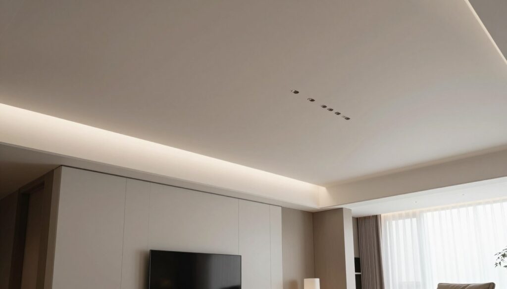 A modern interior featuring a sleek "sufit napinany" (stretch ceiling) as the main focus, showcasing a glossy surface that reflects ambient light and creates an illusion of height. In the foreground, a minimalist living room setting with stylish furniture in neutral tones. The middle ground showcases the stretch ceiling, emphasizing its smooth texture and elegant design, with subtle lighting highlighting its curves. The background includes a softly lit window with sheer curtains allowing natural light to fill the space. The atmosphere should feel contemporary and inviting, with a balance of light and shadows to enhance the textures. The image should capture the appeal of innovative ceiling alternatives in a tasteful and professional manner. A modern interior featuring a sleek "sufit napinany" (stretch ceiling) as the main focus, showcasing a glossy surface that reflects ambient light and creates an illusion of height. In the foreground, a minimalist living room setting with stylish furniture in neutral tones. The middle ground showcases the stretch ceiling, emphasizing its smooth texture and elegant design, with subtle lighting highlighting its curves. The background includes a softly lit window with sheer curtains allowing natural light to fill the space. The atmosphere should feel contemporary and inviting, with a balance of light and shadows to enhance the textures. The image should capture the appeal of innovative ceiling alternatives in a tasteful and professional manner.