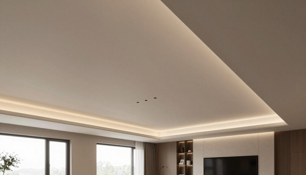 A modern interior showcasing a suspended ceiling in a stylish, contemporary room. In the foreground, focus on the sleek lines and smooth surface of the suspended ceiling, featuring integrated lighting that casts a soft, warm glow. The middle ground reveals an open space with minimalistic furniture arranged elegantly beneath the ceiling. The background includes large windows allowing natural light to flood in, enhancing the atmosphere. The color palette should consist of neutral tones with pops of color from decorative elements. The image captures a serene and sophisticated ambiance, emphasizing the contrast between the suspended ceiling and the room's decor. Use a wide-angle lens to give a sense of spaciousness and depth, with even lighting to highlight details.