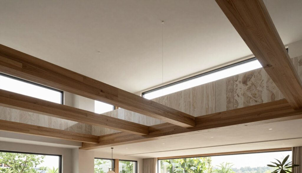 A modern interior showcasing alternatives to suspended ceilings, emphasizing vertical space. In the foreground, elegant wooden beams stretch across the room, enhancing height. Decorative panels with natural textures create interest in the middle ground, while a stylish, minimalist light fixture casts warm light, illuminating the room. The background features large windows allowing ample natural light, enhancing the airy atmosphere. The overall mood is sophisticated yet inviting. Use a wide-angle lens to capture the entire scene, ensuring the focus is on the architectural features, with soft shadows emphasizing depth. The color palette consists of neutral tones with occasional greenery for a fresh, contemporary look. A modern interior showcasing alternatives to suspended ceilings, emphasizing vertical space. In the foreground, elegant wooden beams stretch across the room, enhancing height. Decorative panels with natural textures create interest in the middle ground, while a stylish, minimalist light fixture casts warm light, illuminating the room. The background features large windows allowing ample natural light, enhancing the airy atmosphere. The overall mood is sophisticated yet inviting. Use a wide-angle lens to capture the entire scene, ensuring the focus is on the architectural features, with soft shadows emphasizing depth. The color palette consists of neutral tones with occasional greenery for a fresh, contemporary look.