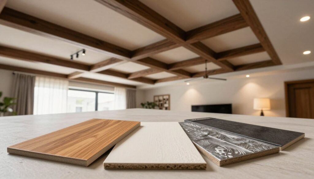 A modern interior showcasing various ceiling options instead of traditional tiles, emphasizing a sleek and stylish design. In the foreground, vibrant samples of ceiling materials like wood panels, metal tiles, and textured paint swatches elegantly laid out on a minimalist table. In the middle background, an inviting living room with a well-decorated ceiling that includes decorative beams and aesthetic light fixtures, illuminating the space softly. The overall atmosphere should feel contemporary and creative, suggesting a transformation space full of potential. The lighting is warm and inviting, capturing the essence of a cozy yet modern home. The angle is slightly elevated, providing a broad view of the ceiling designs alongside the table samples, highlighting their innovative appeal. A modern interior showcasing various ceiling options instead of traditional tiles, emphasizing a sleek and stylish design. In the foreground, vibrant samples of ceiling materials like wood panels, metal tiles, and textured paint swatches elegantly laid out on a minimalist table. In the middle background, an inviting living room with a well-decorated ceiling that includes decorative beams and aesthetic light fixtures, illuminating the space softly. The overall atmosphere should feel contemporary and creative, suggesting a transformation space full of potential. The lighting is warm and inviting, capturing the essence of a cozy yet modern home. The angle is slightly elevated, providing a broad view of the ceiling designs alongside the table samples, highlighting their innovative appeal.