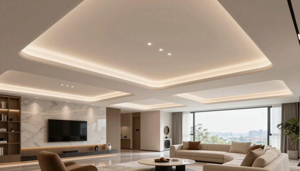 A modern interior showcasing various types of stretch ceilings designed for elegance and functionality. In the foreground, a well-lit living room with intricate, multi-level stretch ceilings featuring smooth matte and glossy finishes. The middle layer includes stylish furniture, such as a sleek coffee table and plush sofas, harmonizing with the ceiling. The background highlights a large window allowing natural light to pour in, enhancing the room's atmosphere. The scene is captured with a wide-angle lens, emphasizing the spaciousness and modern decor. Soft, warm lighting creates a welcoming mood, reflecting the aesthetic possibilities of stretch ceilings in interior design. No people are present in the image.