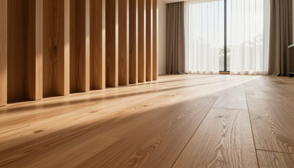 A modern interior space showcasing wooden panels arranged perpendicular to a large window, allowing natural light to stream in and create soft shadows. The foreground includes a close-up of the textured wooden floor panels, highlighting their grain and finish. In the middle, the stylish arrangement of panels contrasts elegantly with the bright, airy atmosphere of the room, enhancing the sense of depth and optical space. The background features a spacious view of the window with sheer curtains, diffusing the sunlight to create warm, inviting tones. The ambiance is tranquil and sophisticated, emphasizing the interplay of light and shadow on the surface of the panels. A wide-angle lens captures this harmonious composition, focusing on the aesthetic impact of the panel orientation on the room's perception. A modern interior space showcasing wooden panels arranged perpendicular to a large window, allowing natural light to stream in and create soft shadows. The foreground includes a close-up of the textured wooden floor panels, highlighting their grain and finish. In the middle, the stylish arrangement of panels contrasts elegantly with the bright, airy atmosphere of the room, enhancing the sense of depth and optical space. The background features a spacious view of the window with sheer curtains, diffusing the sunlight to create warm, inviting tones. The ambiance is tranquil and sophisticated, emphasizing the interplay of light and shadow on the surface of the panels. A wide-angle lens captures this harmonious composition, focusing on the aesthetic impact of the panel orientation on the room's perception.