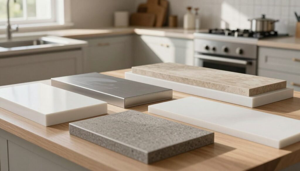 A modern kitchen interior showcasing various types of kitchen plinths, including PVC, aluminum, and MDF, seamlessly integrated with cabinetry. In the foreground, different colors and textures of plinths are displayed, emphasizing their adaptability to diverse kitchen styles. The middle ground features a well-organized kitchen setup, highlighting the plinths attached to cabinetry, ensuring a stable and equal finish. The background displays an inviting kitchen atmosphere with natural light streaming in through a window, casting soft shadows that enhance the textures. The scene is captured from a slight angle to provide depth, creating a warm and professional ambiance suitable for a home improvement guide. A modern kitchen interior showcasing various types of kitchen plinths, including PVC, aluminum, and MDF, seamlessly integrated with cabinetry. In the foreground, different colors and textures of plinths are displayed, emphasizing their adaptability to diverse kitchen styles. The middle ground features a well-organized kitchen setup, highlighting the plinths attached to cabinetry, ensuring a stable and equal finish. The background displays an inviting kitchen atmosphere with natural light streaming in through a window, casting soft shadows that enhance the textures. The scene is captured from a slight angle to provide depth, creating a warm and professional ambiance suitable for a home improvement guide.