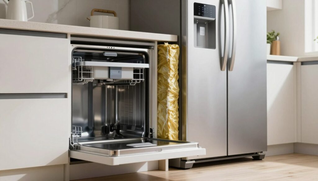 A modern kitchen scene featuring a dishwasher and a refrigerator positioned with visible thermal insulation between them. The foreground shows a close-up of the insulation material, highlighting its texture and effectiveness. In the middle, the dishwasher is sleek and glossy, and the refrigerator stands tall, both in a well-lit, contemporary kitchen setting. The background showcases kitchen elements like cabinets and countertops, creating a harmonious atmosphere. Soft, natural lighting enhances the clarity of the scene, casting gentle shadows that emphasize the insulation's role in energy efficiency. The mood is informative yet inviting, suggesting a balance of functionality and aesthetics in household appliance arrangement. A modern kitchen scene featuring a dishwasher and a refrigerator positioned with visible thermal insulation between them. The foreground shows a close-up of the insulation material, highlighting its texture and effectiveness. In the middle, the dishwasher is sleek and glossy, and the refrigerator stands tall, both in a well-lit, contemporary kitchen setting. The background showcases kitchen elements like cabinets and countertops, creating a harmonious atmosphere. Soft, natural lighting enhances the clarity of the scene, casting gentle shadows that emphasize the insulation's role in energy efficiency. The mood is informative yet inviting, suggesting a balance of functionality and aesthetics in household appliance arrangement.