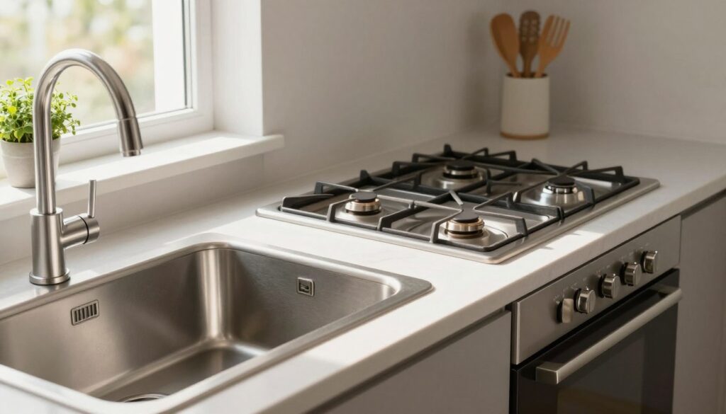 A modern kitchen scene featuring a gas stove, elegantly designed with stainless steel appliances and a sleek countertop. In the foreground, a stylish, ergonomic kitchen sink is placed near the gas stove, emphasizing practicality and safety. The setup is well-lit with natural sunlight streaming in from a window, creating a warm and inviting atmosphere. In the background, there are subtle details like neatly arranged kitchen utensils and a small potted herb for a touch of life. The perspective captures the viewer’s eye level, showcasing the layout's functionality and safety compliance. Soft shadows enhance the three-dimensional feel, illustrating a well-planned, ergonomic kitchen space that adheres to Polish installation norms and recommendations. The overall mood is conducive to a professional cooking environment. A modern kitchen scene featuring a gas stove, elegantly designed with stainless steel appliances and a sleek countertop. In the foreground, a stylish, ergonomic kitchen sink is placed near the gas stove, emphasizing practicality and safety. The setup is well-lit with natural sunlight streaming in from a window, creating a warm and inviting atmosphere. In the background, there are subtle details like neatly arranged kitchen utensils and a small potted herb for a touch of life. The perspective captures the viewer’s eye level, showcasing the layout's functionality and safety compliance. Soft shadows enhance the three-dimensional feel, illustrating a well-planned, ergonomic kitchen space that adheres to Polish installation norms and recommendations. The overall mood is conducive to a professional cooking environment.