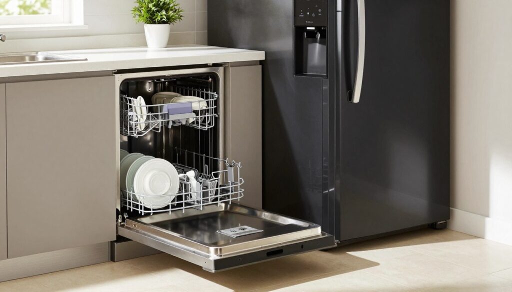 A modern kitchen setting showcasing a dishwasher and a refrigerator side by side. The dishwasher has a sleek stainless steel finish, with the door slightly ajar to indicate it is in use, revealing clean dishes inside. The refrigerator stands tall and elegant, featuring a shiny black exterior with an ice dispenser on the door. Natural sunlight streams through a nearby window, casting soft shadows on the tiled floor, which adds warmth to the scene. The countertop is tidy, adorned with a small potted plant and kitchen utensils. A sense of functional harmony radiates from the arrangement, highlighting practicality and design. The image should be captured from a slightly elevated angle to give a comprehensive view of the appliances and their spacing, emphasizing their proper positioning for optimal ventilation. A modern kitchen setting showcasing a dishwasher and a refrigerator side by side. The dishwasher has a sleek stainless steel finish, with the door slightly ajar to indicate it is in use, revealing clean dishes inside. The refrigerator stands tall and elegant, featuring a shiny black exterior with an ice dispenser on the door. Natural sunlight streams through a nearby window, casting soft shadows on the tiled floor, which adds warmth to the scene. The countertop is tidy, adorned with a small potted plant and kitchen utensils. A sense of functional harmony radiates from the arrangement, highlighting practicality and design. The image should be captured from a slightly elevated angle to give a comprehensive view of the appliances and their spacing, emphasizing their proper positioning for optimal ventilation.