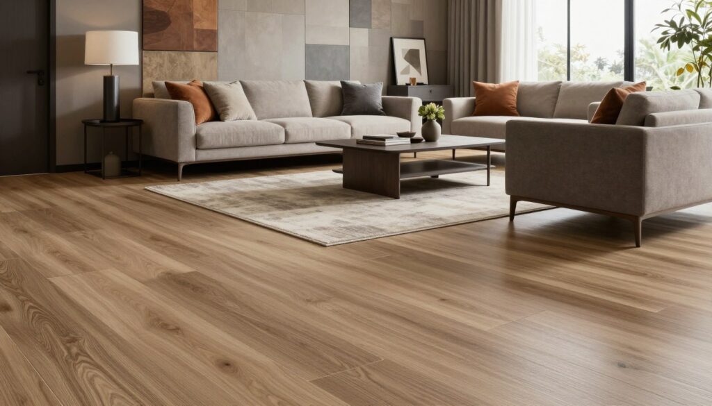A modern living room featuring a stylish combination of tiles and laminate flooring, showcasing their contrast and harmony. In the foreground, an elegant area rug softly blends with the floor, while contemporary furniture, such as a sleek sofa and coffee table, invites comfort. The middle layer reveals beautifully designed wall panels, adorned with tasteful decor that enhances the ambiance. In the background, large windows allow natural light to flood the space, creating a warm and inviting atmosphere. The color palette consists of earthy tones mixed with pops of color, promoting a cozy feeling. The overall mood is sophisticated yet casual, perfect for everyday living. The image is well-lit, capturing the textures of the materials and conveying a sense of balance between style and practicality.