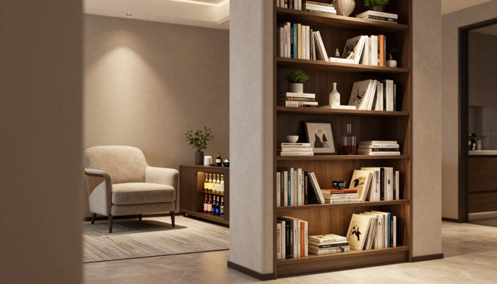 A modern living room featuring a stylish pillar with functional shelves attached to it. The foreground showcases a well-organized bookshelf integrated into the pillar, filled with books, decorative plants, and small art pieces, enhancing the space's character. In the middle, a cozy reading nook with an elegant armchair in neutral tones invites relaxation, while a small mini-bar is cleverly tucked away beneath the shelves, displaying a selection of drinks. The background reveals a warm ambiance through soft, diffused lighting that highlights the textures of the walls and furniture, creating a welcoming atmosphere. Capture this scene from a slightly angled perspective to emphasize the pillar's unique design and functionality in the living space. A modern living room featuring a stylish pillar with functional shelves attached to it. The foreground showcases a well-organized bookshelf integrated into the pillar, filled with books, decorative plants, and small art pieces, enhancing the space's character. In the middle, a cozy reading nook with an elegant armchair in neutral tones invites relaxation, while a small mini-bar is cleverly tucked away beneath the shelves, displaying a selection of drinks. The background reveals a warm ambiance through soft, diffused lighting that highlights the textures of the walls and furniture, creating a welcoming atmosphere. Capture this scene from a slightly angled perspective to emphasize the pillar's unique design and functionality in the living space.