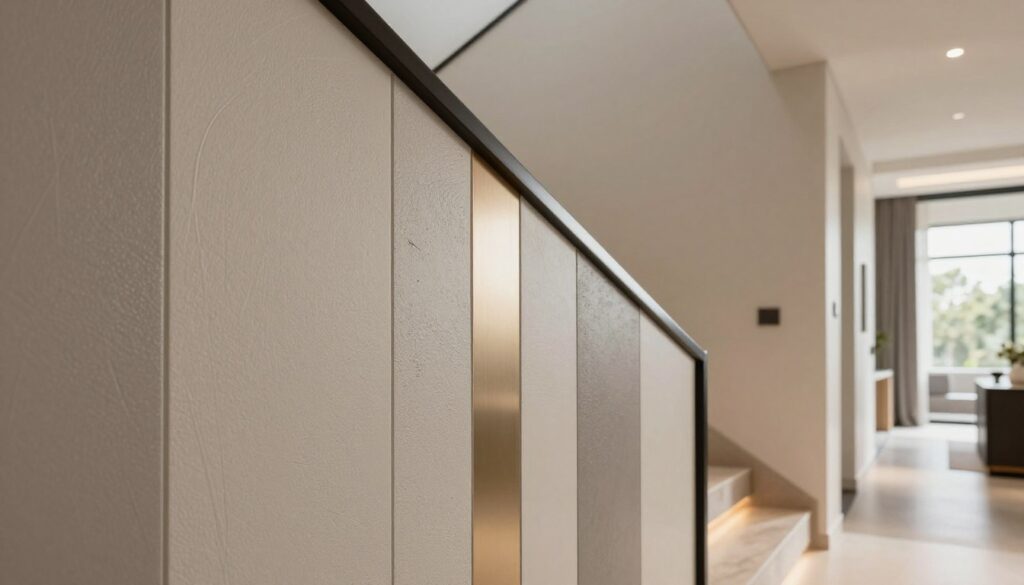 A modern staircase wall featuring protective zones designed to resist dirt and scratches. In the foreground, showcase a close-up of textured wall panels with varying materials like durable paint and metal accents, highlighting their protective features. The middle ground should exhibit the staircase itself, with a clean, contemporary design and ambient lighting that enhances the sleek surfaces. For the background, depict a well-lit hallway leading further into a home, with soft shadows creating depth. The atmosphere conveys a sense of sophistication and practicality, emphasizing functional beauty in home design. Use natural lighting to create warmth and ensure clarity in visual details, capturing the essence of protective wall solutions. A modern staircase wall featuring protective zones designed to resist dirt and scratches. In the foreground, showcase a close-up of textured wall panels with varying materials like durable paint and metal accents, highlighting their protective features. The middle ground should exhibit the staircase itself, with a clean, contemporary design and ambient lighting that enhances the sleek surfaces. For the background, depict a well-lit hallway leading further into a home, with soft shadows creating depth. The atmosphere conveys a sense of sophistication and practicality, emphasizing functional beauty in home design. Use natural lighting to create warmth and ensure clarity in visual details, capturing the essence of protective wall solutions.