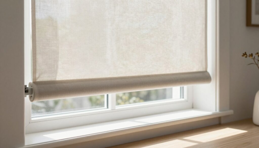 A modern window with a stylish roller blind that accommodates a ventilation grille below it, emphasizing practicality and aesthetic elegance. In the foreground, the soft fabric of the roller blind is partially drawn down, showcasing its texture and color. The middle ground features the window frame, which is made of sleek white wood, carefully allowing space for the grille. Sunlight filters through, casting gentle shadows and highlighting the natural colors of the room. In the background, a light and airy interior is visible, with minimalistic decor that enhances the focus on the window treatment. The overall atmosphere is bright and airy, reflecting a contemporary home setting. The image should be clean and free of any text or overlays. A modern window with a stylish roller blind that accommodates a ventilation grille below it, emphasizing practicality and aesthetic elegance. In the foreground, the soft fabric of the roller blind is partially drawn down, showcasing its texture and color. The middle ground features the window frame, which is made of sleek white wood, carefully allowing space for the grille. Sunlight filters through, casting gentle shadows and highlighting the natural colors of the room. In the background, a light and airy interior is visible, with minimalistic decor that enhances the focus on the window treatment. The overall atmosphere is bright and airy, reflecting a contemporary home setting. The image should be clean and free of any text or overlays.