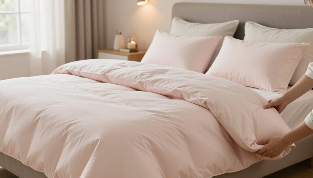 A neatly made bed showcasing a well-fitted comforter in a soft, pastel color, accented by decorative pillows. In the foreground, a person's hands adjust the edges of the comforter, demonstrating the process of putting on bedding. The middle ground features a well-organized bed frame with a stylish headboard, emphasizing the comfort and aesthetics of a freshly made bed. In the background, a softly lit bedroom with warm, inviting light streaming through a window enhances the cozy atmosphere. The scene reflects a calming and practical approach to preparing a bed efficiently, with hints of domestic tranquility and order, ideal for illustrating the challenges and solutions of bedding.