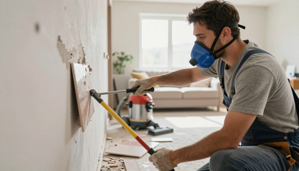 A professional contractor, dressed in modest casual clothing with safety gear, is carefully removing tiles from a wall in a home setting. The foreground features tools specifically designed for tile removal, such as a pry bar and a dust mask, emphasizing a focus on minimizing dust and noise. In the middle ground, there is a partially stripped wall with tiles scattered on the floor, while a vacuum is quietly working nearby to capture debris. The background shows a comfortable living space with natural lighting shining through a window, contributing to a calm and organized atmosphere. The image ought to evoke a sense of professionalism and efficiency, highlighting techniques for reducing mess and sound during home renovations. A professional contractor, dressed in modest casual clothing with safety gear, is carefully removing tiles from a wall in a home setting. The foreground features tools specifically designed for tile removal, such as a pry bar and a dust mask, emphasizing a focus on minimizing dust and noise. In the middle ground, there is a partially stripped wall with tiles scattered on the floor, while a vacuum is quietly working nearby to capture debris. The background shows a comfortable living space with natural lighting shining through a window, contributing to a calm and organized atmosphere. The image ought to evoke a sense of professionalism and efficiency, highlighting techniques for reducing mess and sound during home renovations.