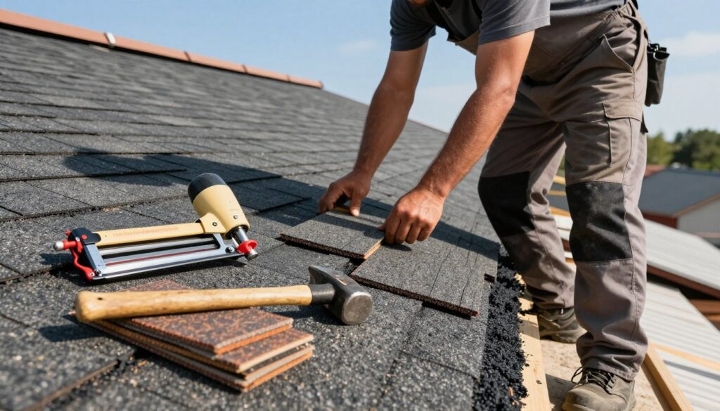 A professional contractor installing bitumen shingles on a prepared roof deck, capturing the intricate details of the installation process. In the foreground, tools such as a nail gun, shingles, and a hammer are arranged neatly, showcasing the materials used. The middle ground features the contractor, dressed in modest work attire, carefully positioning the shingles in a methodical manner, demonstrating proper technique. The background displays a partially finished roof with clear blue skies above, indicating a warm, sunny day. The lighting is bright and natural, enhancing the clarity of the scene. The atmosphere conveys a sense of professionalism and expertise in roofing work, with an emphasis on precision and craftsmanship.
