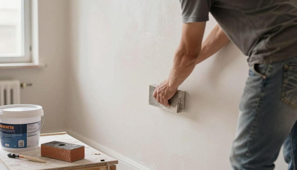 A professional workspace focused on preparing surfaces for painting, featuring a worker in modest casual clothing actively sanding a wall. The foreground shows detailed tools like a sanding block and a bucket of joint compound, while the middle ground displays a smooth, freshly applied layer of joint compound on a drywall surface, partially drying. The background is illuminated by soft, natural light from a nearby window, enhancing the warm, inviting atmosphere. Dust particles are visible in the light, conveying the sense of an active working environment. The composition emphasizes the meticulous process of drying, sanding, and priming a surface, capturing the essence of preparation before painting. A professional workspace focused on preparing surfaces for painting, featuring a worker in modest casual clothing actively sanding a wall. The foreground shows detailed tools like a sanding block and a bucket of joint compound, while the middle ground displays a smooth, freshly applied layer of joint compound on a drywall surface, partially drying. The background is illuminated by soft, natural light from a nearby window, enhancing the warm, inviting atmosphere. Dust particles are visible in the light, conveying the sense of an active working environment. The composition emphasizes the meticulous process of drying, sanding, and priming a surface, capturing the essence of preparation before painting.