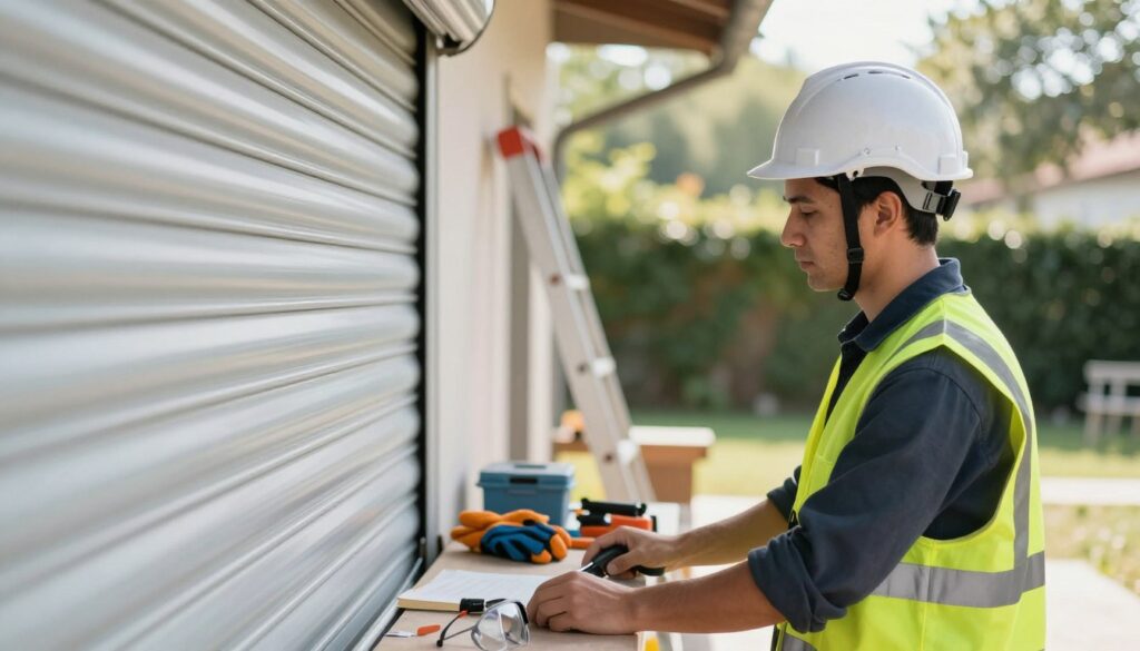 A realistic workspace scene focusing on safety during outdoor roller shutter maintenance. In the foreground, a professional technician, dressed in a safety helmet and high-visibility vest, is carefully examining a rolled-up outdoor shutter. In the middle ground, various tools are neatly organized on a workbench; include gloves, goggles, and a ladder leaning against a wall to emphasize safety compliance. The background features a well-lit outdoor setting with sunlight filtering through trees, casting gentle shadows. The atmosphere is calm and focused, highlighting the importance of safety practices in home maintenance. Use natural daylight for soft, even lighting to enhance clarity and detail. A realistic workspace scene focusing on safety during outdoor roller shutter maintenance. In the foreground, a professional technician, dressed in a safety helmet and high-visibility vest, is carefully examining a rolled-up outdoor shutter. In the middle ground, various tools are neatly organized on a workbench; include gloves, goggles, and a ladder leaning against a wall to emphasize safety compliance. The background features a well-lit outdoor setting with sunlight filtering through trees, casting gentle shadows. The atmosphere is calm and focused, highlighting the importance of safety practices in home maintenance. Use natural daylight for soft, even lighting to enhance clarity and detail.