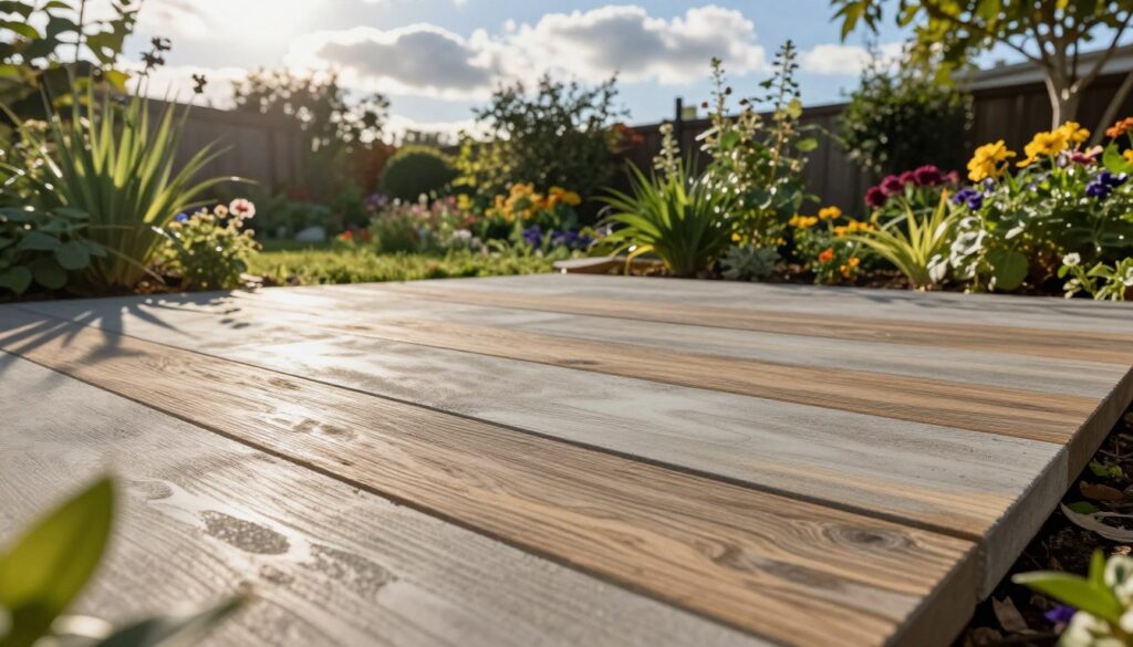 A robust outdoor scene showcasing a weather-resistant concrete slab designed to resemble wood, placed in a garden setting. In the foreground, highlight the textured surface of the slab with subtle wood grain patterns, reflecting sunlight to emphasize its durability. The middle ground features vibrant green plants and seasonal flowers thriving around the slab, symbolizing harmony with nature. In the background, depict a blue sky with scattered clouds, representing diverse weather conditions. Utilize soft sunlight for warm, inviting lighting, capturing a serene atmosphere. The angle should be slightly lower, focusing on the slab while maintaining the backdrop of the flourishing garden, showcasing the longevity and weather resilience of the concrete imitation wood. A robust outdoor scene showcasing a weather-resistant concrete slab designed to resemble wood, placed in a garden setting. In the foreground, highlight the textured surface of the slab with subtle wood grain patterns, reflecting sunlight to emphasize its durability. The middle ground features vibrant green plants and seasonal flowers thriving around the slab, symbolizing harmony with nature. In the background, depict a blue sky with scattered clouds, representing diverse weather conditions. Utilize soft sunlight for warm, inviting lighting, capturing a serene atmosphere. The angle should be slightly lower, focusing on the slab while maintaining the backdrop of the flourishing garden, showcasing the longevity and weather resilience of the concrete imitation wood.