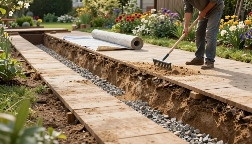 A scenic landscape depicting the preparation of a wooden pathway base. In the foreground, a freshly dug trench for the pathway, showing layered sand and gravel creating a stable foundation. To the right, a worker dressed in modest casual attire is carefully leveling the sand with a rake. In the middle ground, rolls of landscaping fabric are placed beside the trench, ready for installation. The background features a serene garden setting with blooming flowers and lush greenery, bathed in soft, warm sunlight, casting gentle shadows. The atmosphere is calm and industrious, evoking the meticulous process of pathway preparation amidst nature. Capture this scene from a slightly elevated angle, allowing a comprehensive view of the task at hand. A scenic landscape depicting the preparation of a wooden pathway base. In the foreground, a freshly dug trench for the pathway, showing layered sand and gravel creating a stable foundation. To the right, a worker dressed in modest casual attire is carefully leveling the sand with a rake. In the middle ground, rolls of landscaping fabric are placed beside the trench, ready for installation. The background features a serene garden setting with blooming flowers and lush greenery, bathed in soft, warm sunlight, casting gentle shadows. The atmosphere is calm and industrious, evoking the meticulous process of pathway preparation amidst nature. Capture this scene from a slightly elevated angle, allowing a comprehensive view of the task at hand.