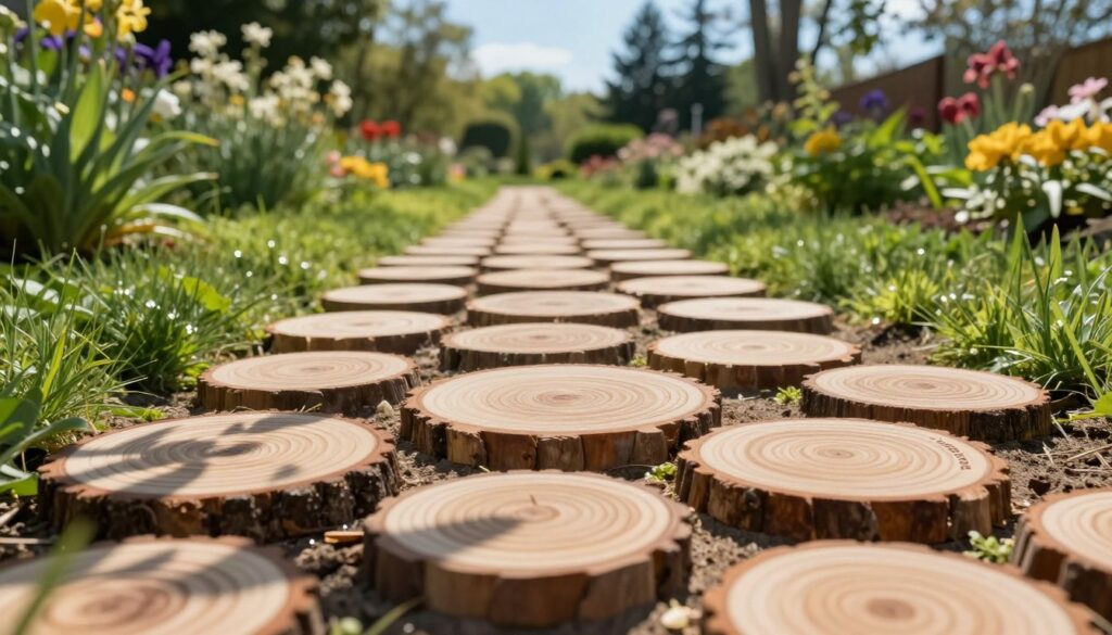 A serene garden pathway made of round wooden slices, known as "plastrów drewna," arranged harmoniously on soft soil. In the foreground, showcase the textured wood slices, displaying natural patterns and rings, with sunlight filtering through the leaves, casting gentle shadows. The middle ground should feature lush green grass and blooming flowers on either side of the path, creating a vibrant contrast with the earthy wood tones. In the background, a faint blur of tall trees and a clear blue sky provides a tranquil backdrop. The scene exudes a warm, inviting atmosphere, perfect for relaxation and nature appreciation, enhanced by soft, diffused lighting that highlights the details of the wood and foliage. The image captures the essence of a well-prepared wooden path, inviting viewers into a peaceful outdoor space. A serene garden pathway made of round wooden slices, known as "plastrów drewna," arranged harmoniously on soft soil. In the foreground, showcase the textured wood slices, displaying natural patterns and rings, with sunlight filtering through the leaves, casting gentle shadows. The middle ground should feature lush green grass and blooming flowers on either side of the path, creating a vibrant contrast with the earthy wood tones. In the background, a faint blur of tall trees and a clear blue sky provides a tranquil backdrop. The scene exudes a warm, inviting atmosphere, perfect for relaxation and nature appreciation, enhanced by soft, diffused lighting that highlights the details of the wood and foliage. The image captures the essence of a well-prepared wooden path, inviting viewers into a peaceful outdoor space.
