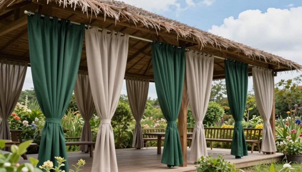 A serene garden pavilion adorned with durable outdoor curtains designed to withstand wind and rain. In the foreground, vibrant curtains in shades of deep green and soft taupe flutter gently in a light breeze, secured by robust weather-resistant rods. In the middle ground, the pavilion itself is constructed of sturdy wood with a thatched roof, surrounded by lush greenery and blooming flowers. The background features a bright blue sky with a few fluffy clouds, enhancing the tranquil atmosphere. Soft, natural lighting illuminates the scene, casting gentle shadows that add depth. The angle captures the majesty of the pavilion while emphasizing the curtains' resilience, creating an inviting and functional outdoor space. A serene garden pavilion adorned with durable outdoor curtains designed to withstand wind and rain. In the foreground, vibrant curtains in shades of deep green and soft taupe flutter gently in a light breeze, secured by robust weather-resistant rods. In the middle ground, the pavilion itself is constructed of sturdy wood with a thatched roof, surrounded by lush greenery and blooming flowers. The background features a bright blue sky with a few fluffy clouds, enhancing the tranquil atmosphere. Soft, natural lighting illuminates the scene, casting gentle shadows that add depth. The angle captures the majesty of the pavilion while emphasizing the curtains' resilience, creating an inviting and functional outdoor space.