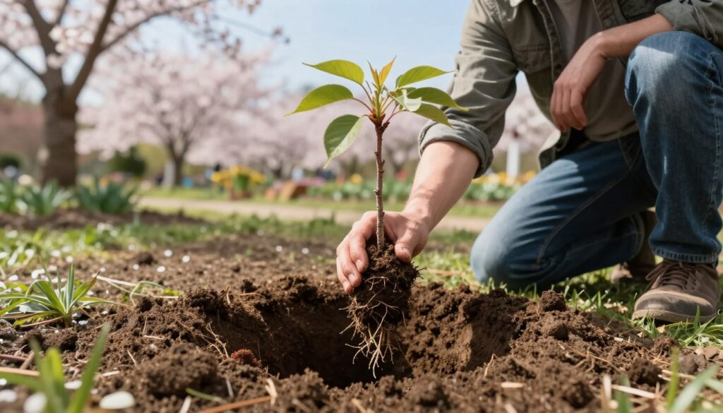 A serene garden scene focusing on the process of planting cherry trees, illustrating a gardener carefully preparing a planting hole. In the foreground, show a close-up of a hand holding a young cherry tree sapling with healthy roots, while the half-dug hole details the rich, dark soil. In the middle ground, depict a relaxed gardener in modest casual clothing kneeling beside the hole, gently placing the tree into the earth, showcasing the correct depth. The background features a lush garden, with blossoming cherry trees and a clear blue sky, creating an uplifting atmosphere. Soft, natural lighting enhances the sense of warmth in the scene, with a slightly blurred depth of field to emphasize the foreground action.