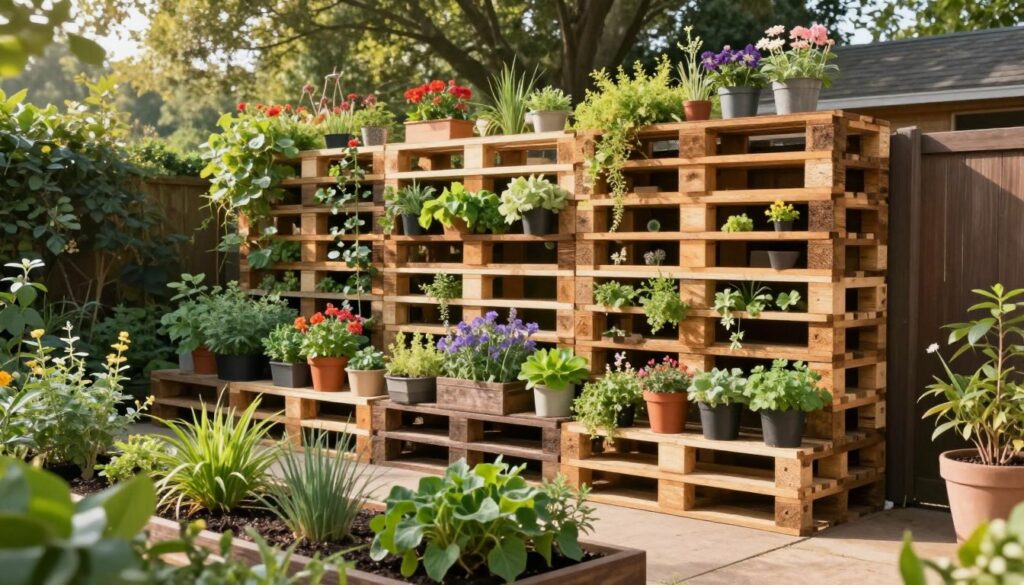 A serene garden scene showcasing a well-constructed pallet wall, serving as a backdrop for a relaxing outdoor area. In the foreground, vibrant plants, herbs, and flowers are arranged in pots and hanging from the pallet structure, adding greenery and life. The middle ground features a carefully designed vertical garden made from wooden pallets, highlighting various plant species and colors. In the background, soft sunlight filters through trees, casting gentle shadows and creating a warm atmosphere. The angle captures a slightly elevated view, emphasizing the dimensions and safety features of the structure. Natural textures dominate the scene, conveying a harmonious blend between the garden elements and the pallet construction, inviting viewers to visualize a relaxing outdoor retreat. A serene garden scene showcasing a well-constructed pallet wall, serving as a backdrop for a relaxing outdoor area. In the foreground, vibrant plants, herbs, and flowers are arranged in pots and hanging from the pallet structure, adding greenery and life. The middle ground features a carefully designed vertical garden made from wooden pallets, highlighting various plant species and colors. In the background, soft sunlight filters through trees, casting gentle shadows and creating a warm atmosphere. The angle captures a slightly elevated view, emphasizing the dimensions and safety features of the structure. Natural textures dominate the scene, conveying a harmonious blend between the garden elements and the pallet construction, inviting viewers to visualize a relaxing outdoor retreat.