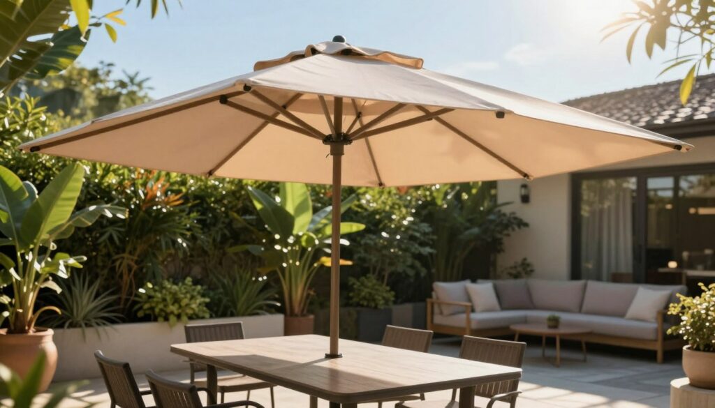 A serene outdoor setting focusing on a well-lit patio adorned with a high-quality sunshade. In the foreground, a neatly arranged table with a sunshade partially opened, showcasing its fabric and structure in detail. The middle ground features lush green plants and a comfortable seating area, suggesting a cozy atmosphere. The background includes a clear blue sky and gentle sunlight filtering through the sunshade, creating playful shadows on the ground. The mood is relaxed and inviting, highlighting the practicality and appeal of selecting a durable sunshade. The lighting should capture a warm, afternoon glow, emphasizing textures and colors, while ensuring clarity in the product's features.