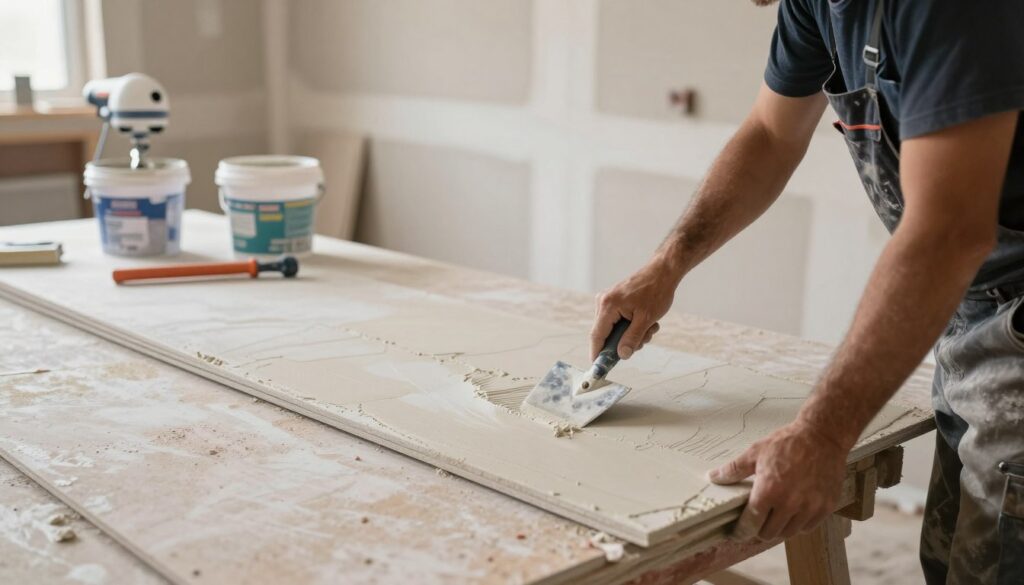 A skilled worker expertly applying plaster to gypsum boards in a well-lit construction site. In the foreground, the worker, dressed in professional attire, uses a trowel to smooth the plaster, creating a flawless finish without cracks. The middle ground showcases a stack of gypsum boards ready for installation, alongside tools like a mixer and a bucket of plaster. In the background, a structured wall with partially plastered gypsum boards highlights the progress. Soft natural light floods the space, casting gentle shadows and enhancing textures. The atmosphere is focused, illustrating precision and craftsmanship in drywall finishing. The image captures the step-by-step technique of plastering, emphasizing a clean and professional approach. A skilled worker expertly applying plaster to gypsum boards in a well-lit construction site. In the foreground, the worker, dressed in professional attire, uses a trowel to smooth the plaster, creating a flawless finish without cracks. The middle ground showcases a stack of gypsum boards ready for installation, alongside tools like a mixer and a bucket of plaster. In the background, a structured wall with partially plastered gypsum boards highlights the progress. Soft natural light floods the space, casting gentle shadows and enhancing textures. The atmosphere is focused, illustrating precision and craftsmanship in drywall finishing. The image captures the step-by-step technique of plastering, emphasizing a clean and professional approach.