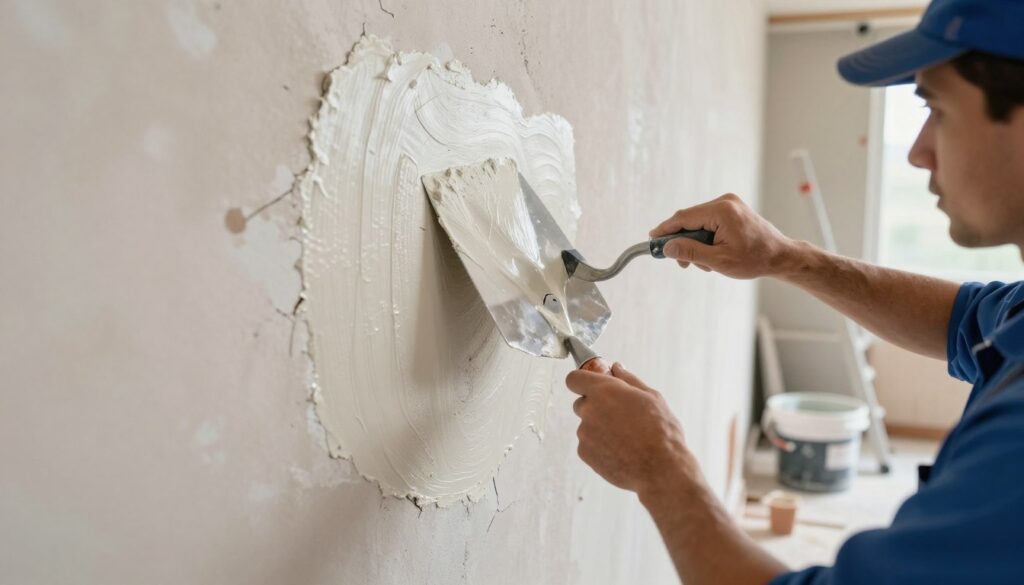 A skilled worker in a professional outfit carefully applies fresh plaster over an old plaster wall, demonstrating the technique of re-plastering. The foreground features the worker using a large trowel to spread the new layer evenly, with a focus on their precise hand movements. The middle ground shows the textured surface of the old plaster, visibly cracked and weathered, contrasting with the smooth, wet new plaster being applied. In the background, a well-lit construction site with tools such as a mixing bucket and ladder conveys an atmosphere of diligence and focus. Soft natural lighting enhances the texture of the materials, creating a clear view of the process. The overall mood reflects professionalism in home improvement, underscoring the importance of skill in achieving a durable finish. A skilled worker in a professional outfit carefully applies fresh plaster over an old plaster wall, demonstrating the technique of re-plastering. The foreground features the worker using a large trowel to spread the new layer evenly, with a focus on their precise hand movements. The middle ground shows the textured surface of the old plaster, visibly cracked and weathered, contrasting with the smooth, wet new plaster being applied. In the background, a well-lit construction site with tools such as a mixing bucket and ladder conveys an atmosphere of diligence and focus. Soft natural lighting enhances the texture of the materials, creating a clear view of the process. The overall mood reflects professionalism in home improvement, underscoring the importance of skill in achieving a durable finish.