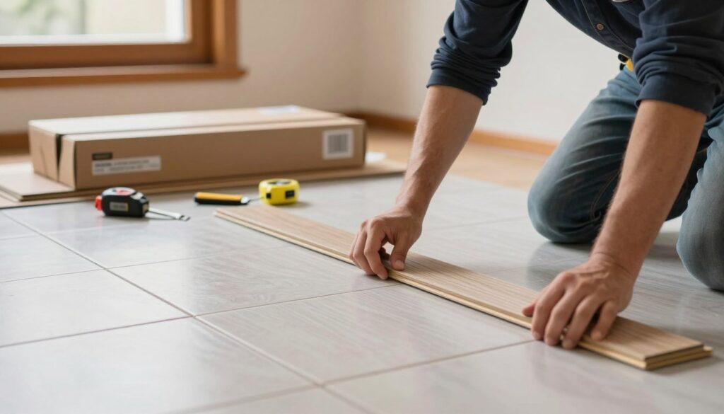 A skilled worker is laying down vinyl panels over old ceramic tiles in a cozy, well-lit room. The foreground features hands carefully aligning the vinyl strips, showcasing the texture and color of the flooring. In the middle, boxes of vinyl panels and tools like a cutting knife and measuring tape are neatly arranged for the installation process. The background displays the room's warm wood accents and a partially visible window allowing soft daylight to illuminate the scene, creating an inviting atmosphere. The image is taken at a slight angle to capture depth, with a focus on the worker’s professionalism, dressed in smart casual attire. The overall mood is productive and inspiring, epitomizing DIY home improvement efforts. A skilled worker is laying down vinyl panels over old ceramic tiles in a cozy, well-lit room. The foreground features hands carefully aligning the vinyl strips, showcasing the texture and color of the flooring. In the middle, boxes of vinyl panels and tools like a cutting knife and measuring tape are neatly arranged for the installation process. The background displays the room's warm wood accents and a partially visible window allowing soft daylight to illuminate the scene, creating an inviting atmosphere. The image is taken at a slight angle to capture depth, with a focus on the worker’s professionalism, dressed in smart casual attire. The overall mood is productive and inspiring, epitomizing DIY home improvement efforts.